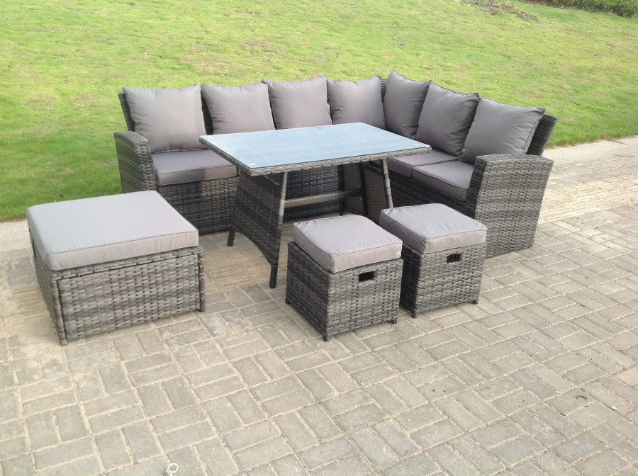 Click to view product details and reviews for Fimous 9 Seater High Back Rattan Garden Furniture Set Corner Sofa With Oblong Dining Table Big And Small Stool.