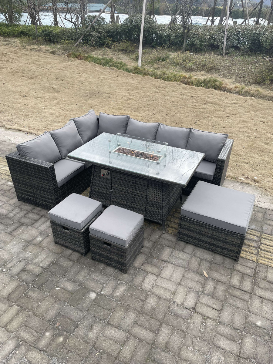 Click to view product details and reviews for Fimous 9 Seater Rattan Corner Sofa Set Gas Firepit Dining Table Set Patio Heater Burner With Big Footstool Dark Grey Mixed.