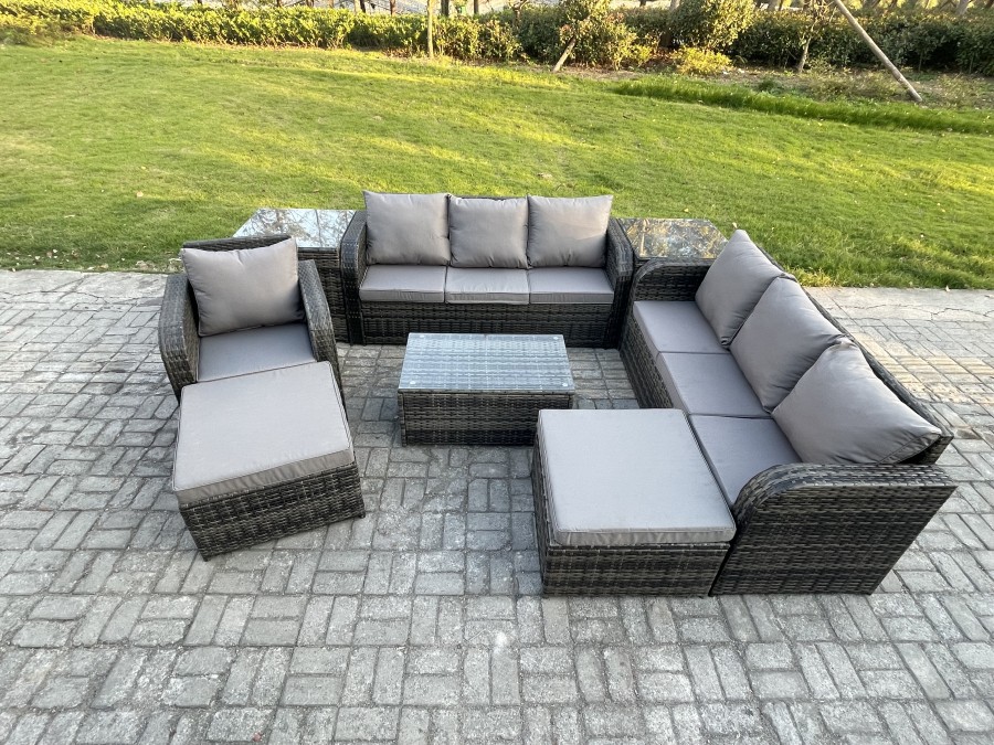 Click to view product details and reviews for Fimous 9 Seater Rattan Lounge Sofa Set Outdoor Garden Furniture Set With Rectangular Coffee Table 3 Seater Sofa 2 Big Footstool 2 Side Tables Dark Gre.