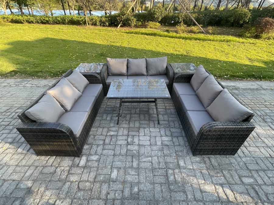Click to view product details and reviews for Fimous 9 Seater Wicker Rattan Garden Furniture Set With Rectangular Dining Table 2 Side Tables Patio Outdoor Lounge Sofa Set.