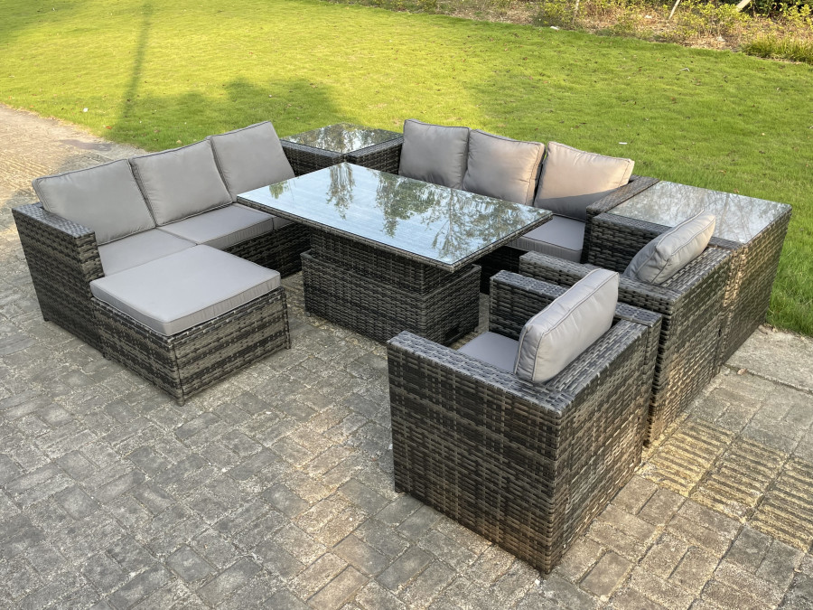 Click to view product details and reviews for Fimous 9 Seateroutdoor Rattan Garden Furniture Adjustable Rising Lifting Table With 2 Side Coffee Tables Chairs Footstool.