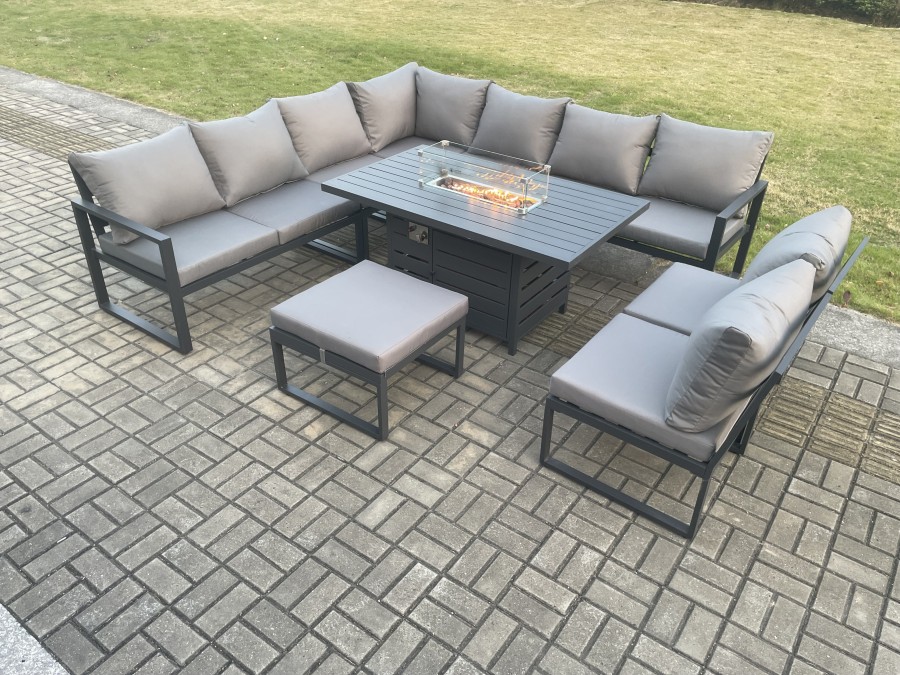 Click to view product details and reviews for Fimous Aluminium 10 Seater Lounge Corner Sofa Outdoor Garden Furniture Sets Gas Fire Pit Dining Table Set With Big Footstool Dark Grey.