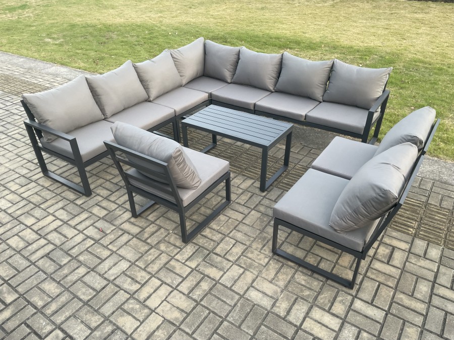 Click to view product details and reviews for Fimous Aluminium 10 Seater Patio Outdoor Garden Furniture Lounge Corner Sofa Set With Oblong Coffee Table Dark Grey.