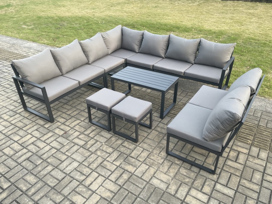 Click to view product details and reviews for Fimous Aluminium 11 Seater Patio Outdoor Garden Furniture Lounge Corner Sofa Set With Oblong Coffee Table With 2 Small Footstools Dark Grey.