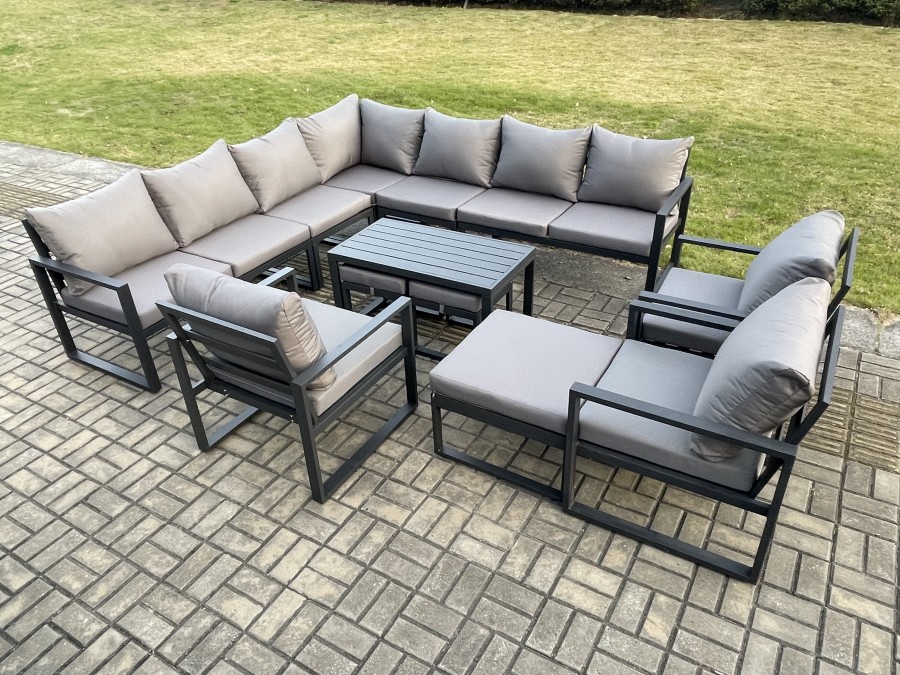 Click to view product details and reviews for Fimous Aluminium 13 Seater Outdoor Garden Furniture Set Lounge Corner Sofa Oblong Coffee Table 3 Pcs Chair Sets With 3 Footstools Dark Grey.