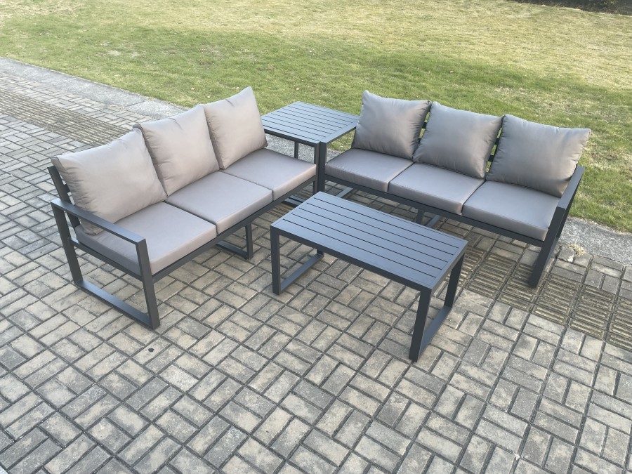 Click to view product details and reviews for Fimous Aluminium 4 Pieces Outdoor Garden Furniture Lounge Sofa Set With Oblong Coffee Table Side Table Dark Grey.