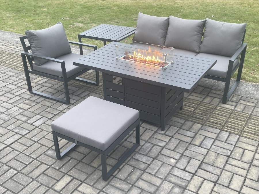 Click to view product details and reviews for Fimous Aluminium 5 Pieces Garden Furniture Sofa Set With Cushions Gas Fire Pit Dining Table Set With Side Table Big Footstool Dark Grey.