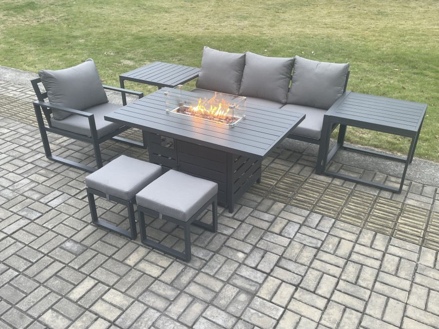 Click to view product details and reviews for Fimous Aluminium 7 Pieces Garden Furniture Sofa Set With Cushions Gas Fire Pit Dining Table Set With 2 Small Footstools 2 Side Tables Dark Grey.