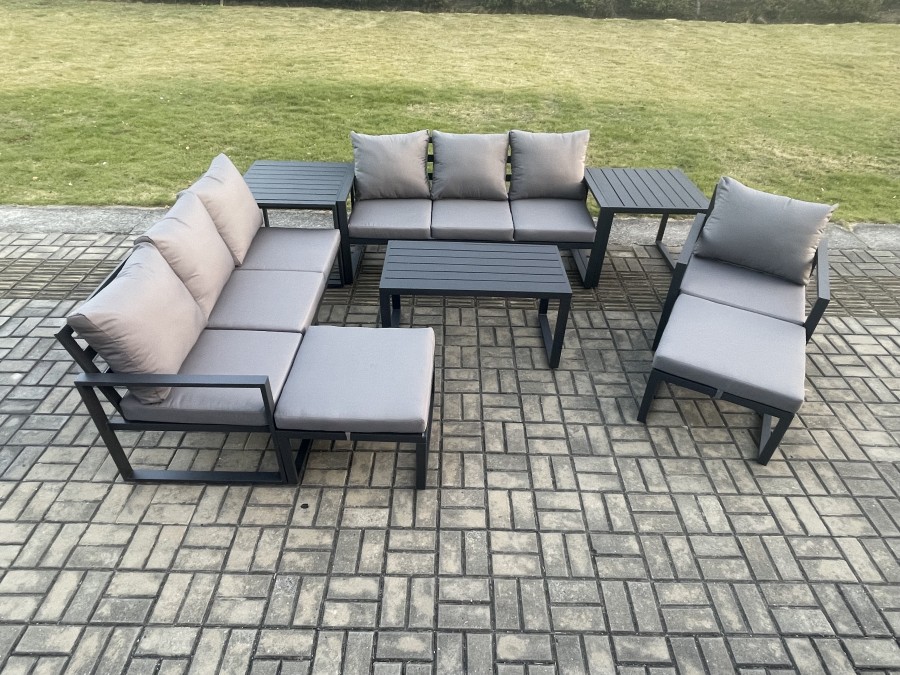 Click to view product details and reviews for Fimous Aluminium 8 Pieces Garden Furniture Set With Cushions 9 Seater Outdoor Patio Lounge Sofa Set With Armchair 2 Big Footstools 2 Side Tables Dark.