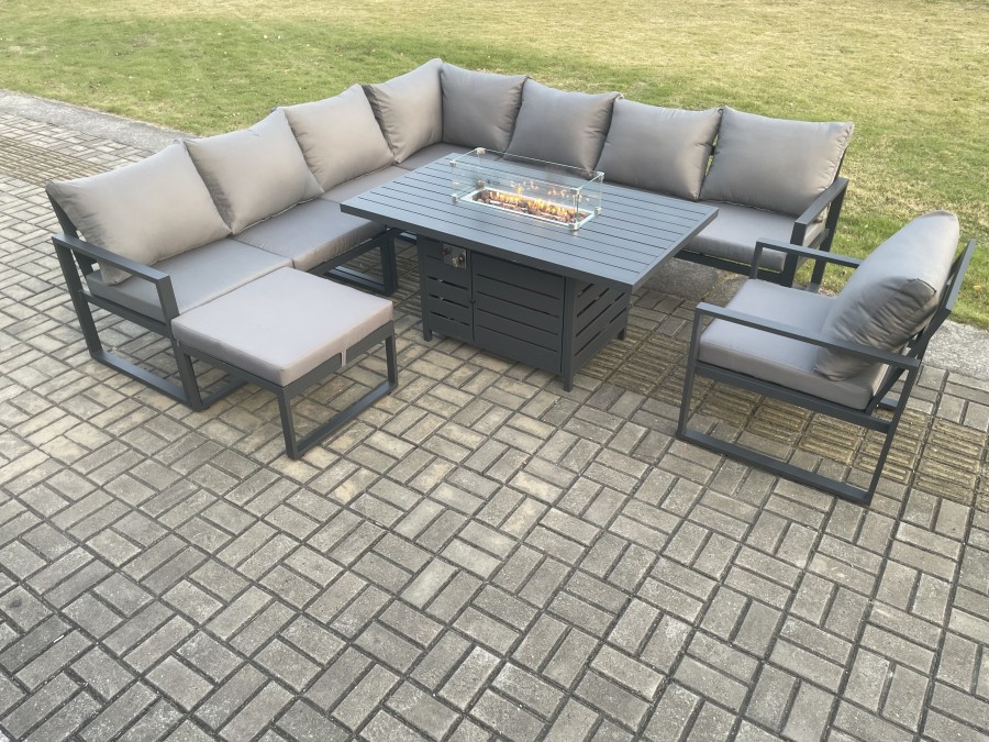 Click to view product details and reviews for Fimous Aluminium 9 Seater Garden Furniture Outdoor Set Patio Lounge Sofa Gas Fire Pit Dining Table Set With Chair Big Footstools Dark Grey.