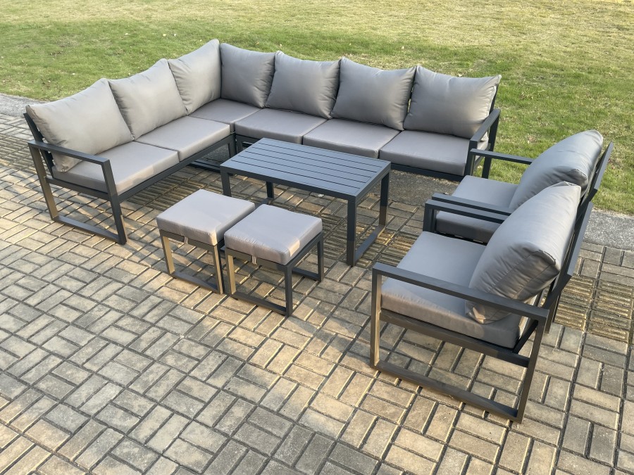 Click to view product details and reviews for Fimous Aluminium Garden Furniture Set Outdoor Indoor Lounge Corner Sofa 2 Pcs Chair Oblong Coffee Table Sets With 2 Small Footstools Dark Grey.