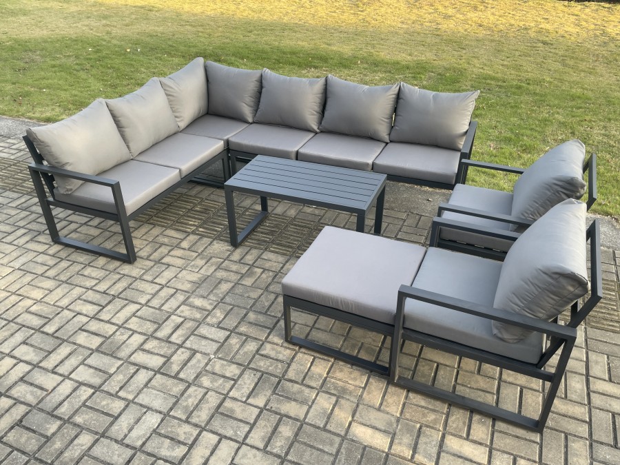 Click to view product details and reviews for Fimous Aluminium Garden Furniture Set Outdoor Indoor Lounge Corner Sofa 2 Pcs Chair Oblong Coffee Table Sets With Big Footstool Dark Grey.