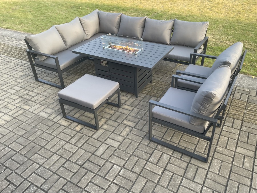 Click to view product details and reviews for Fimous Aluminium Outdoor Garden Furniture Corner Sofa Gas Fire Pit Dining Table Sets Gas Heater Burner With 2 Chairs Big Footstool Dark Grey 9 Seater.