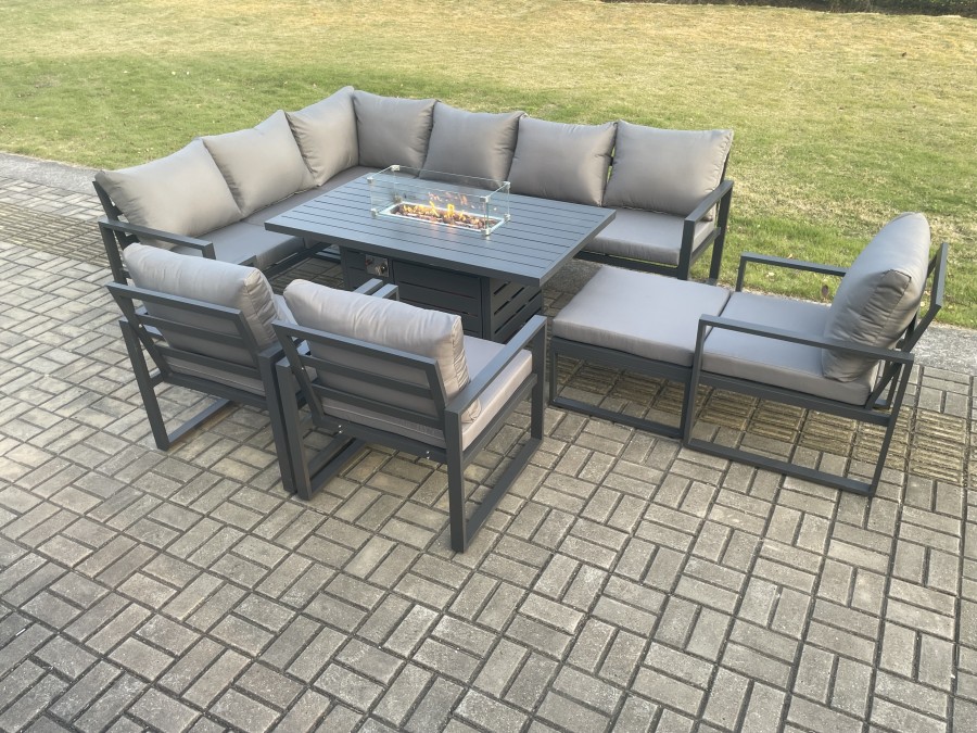 Click to view product details and reviews for Fimous Aluminium Outdoor Garden Furniture Corner Sofa Gas Fire Pit Dining Table Sets Gas Heater Burner With 3 Chairs Big Footstool Dark Grey 10 Seater.