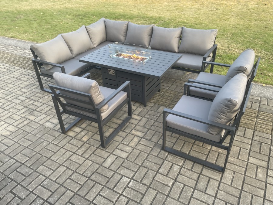 Click to view product details and reviews for Fimous Aluminium Outdoor Garden Furniture Corner Sofa Gas Fire Pit Dining Table Sets Gas Heater Burner With 3 Chairs Dark Grey 9 Seater.