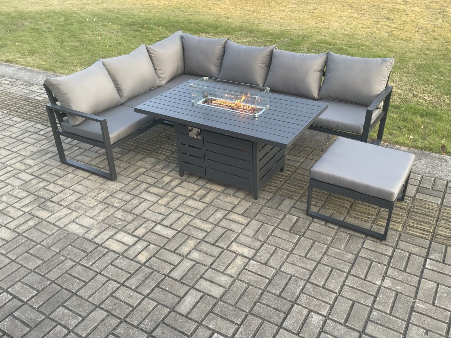 Click to view product details and reviews for Fimous Aluminium Outdoor Garden Furniture Corner Sofa Gas Fire Pit Dining Table Sets Gas Heater Burner With Big Footstool Dark Grey 7 Seater.