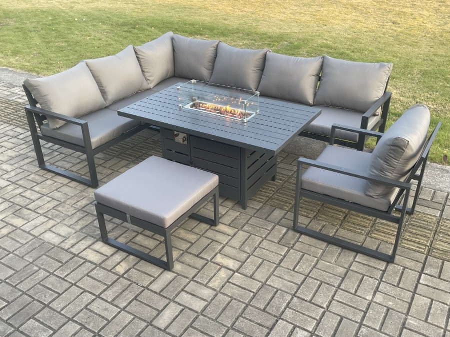 Click to view product details and reviews for Fimous Aluminium Outdoor Garden Furniture Corner Sofa Gas Fire Pit Dining Table Sets Gas Heater Burner With Chair Big Footstool Dark Grey 8 Seater.
