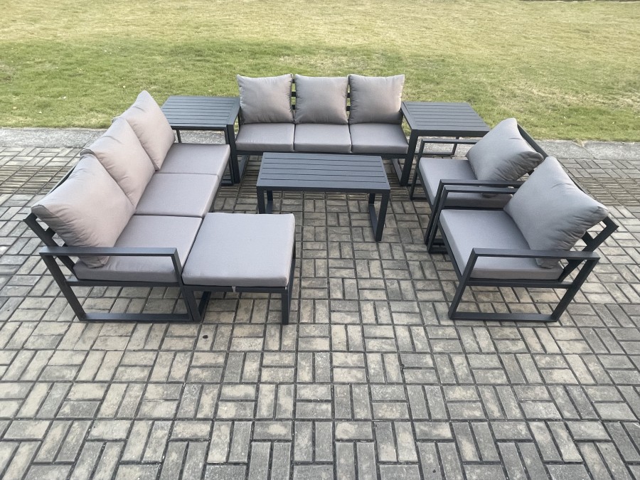Click to view product details and reviews for Fimous Aluminium Outdoor Garden Furniture Set 9 Seater Garden Sofa With Oblong Coffee Table Big Footstool 2 Side Tables Dark Grey.