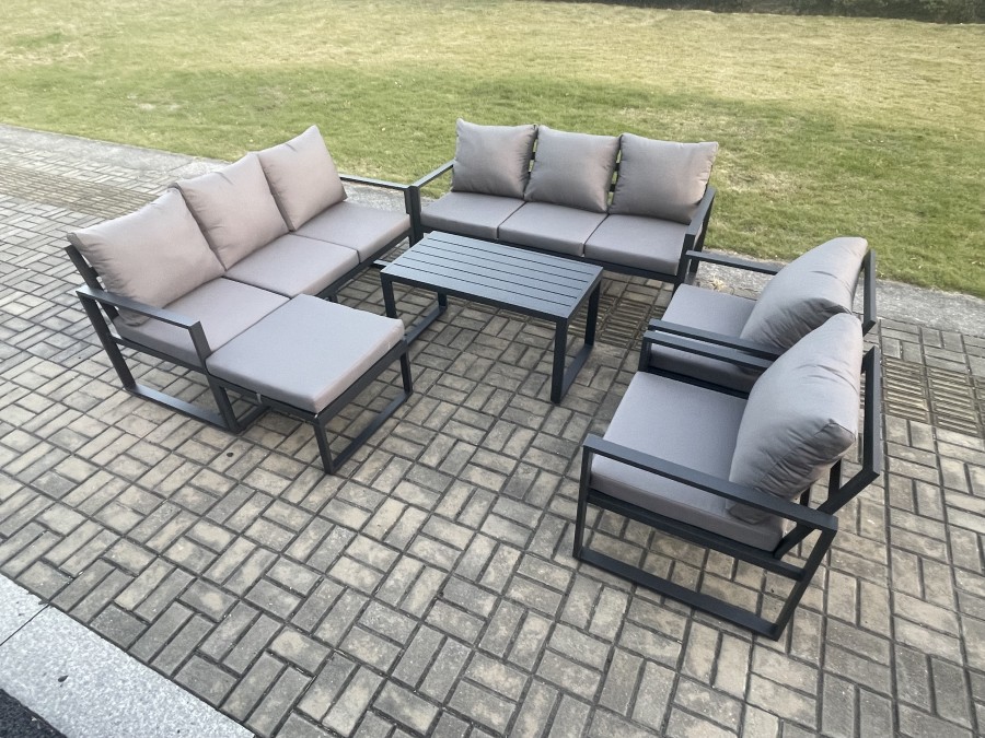 Click to view product details and reviews for Fimous Aluminium Outdoor Garden Furniture Set 9 Seater Garden Sofa With Oblong Coffee Table Big Footstool Dark Grey.