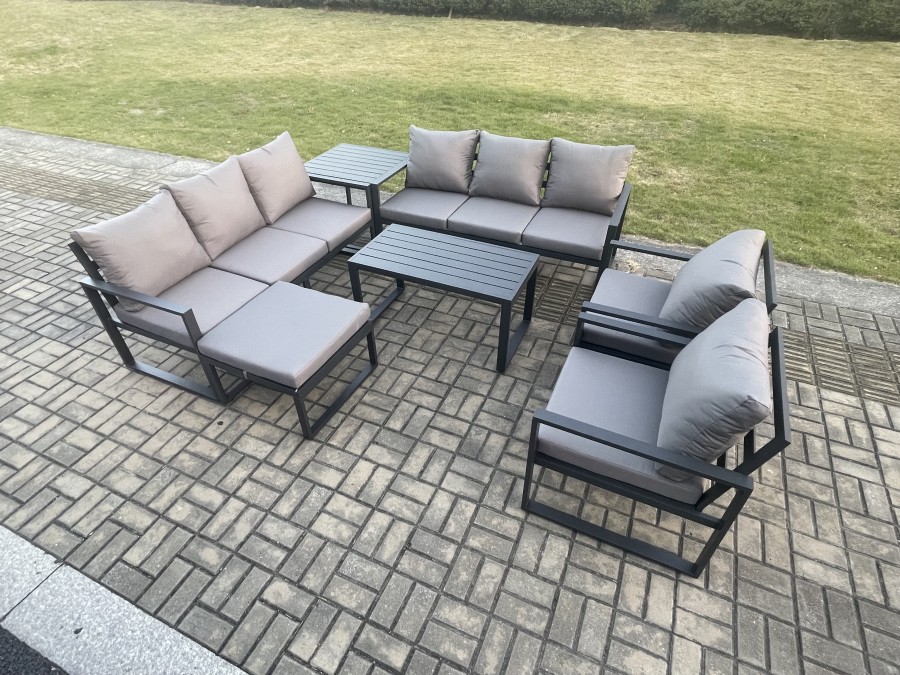Click to view product details and reviews for Fimous Aluminium Outdoor Garden Furniture Set 9 Seater Garden Sofa With Oblong Coffee Table Big Footstool Side Table Dark Grey.