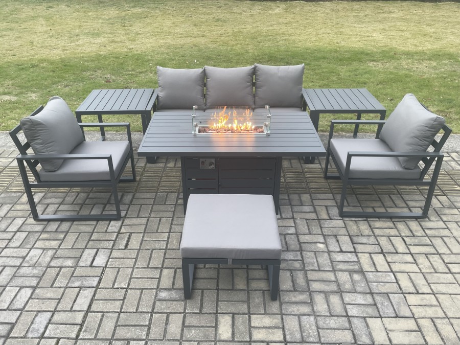 Click to view product details and reviews for Fimous Aluminium Outdoor Garden Furniture Set Gas Fire Pit Dining Table Set Gas Heater Burner With 2 Arm Chair 2 Side Tables Big Footstool Dark Grey 6.