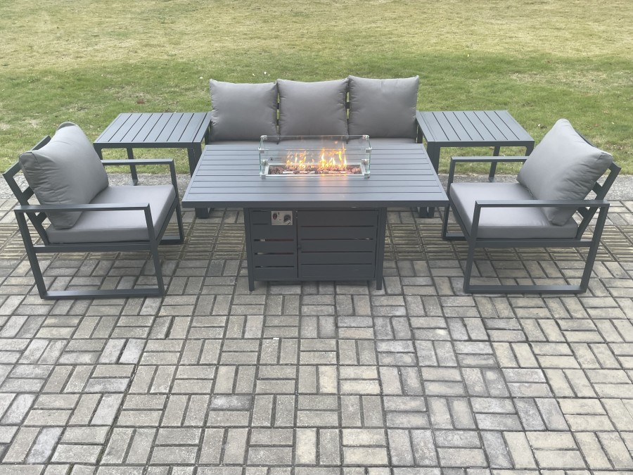 Click to view product details and reviews for Fimous Aluminium Outdoor Garden Furniture Set Gas Fire Pit Dining Table Set Gas Heater Burner With 2 Arm Chair 2 Side Tables Dark Grey 5 Seater.