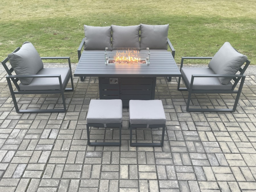 Click to view product details and reviews for Fimous Aluminium Outdoor Garden Furniture Set Gas Fire Pit Dining Table Set Gas Heater Burner With 2 Arm Chair 2 Small Footstools Dark Grey 7 Seater.
