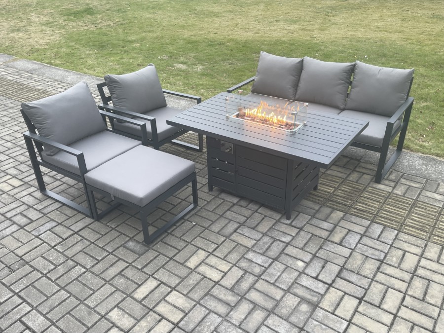 Click to view product details and reviews for Fimous Aluminium Outdoor Garden Furniture Set Gas Fire Pit Dining Table Set Gas Heater Burner With 2 Arm Chair Big Footstool Dark Grey 6 Seater.