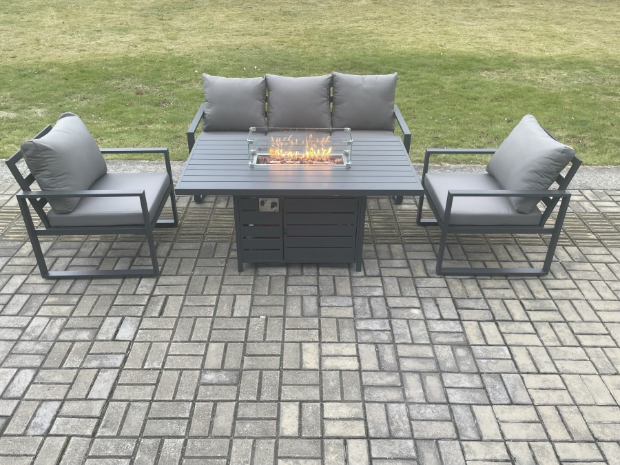 Click to view product details and reviews for Fimous Aluminium Outdoor Garden Furniture Set Gas Fire Pit Dining Table Set Gas Heater Burner With 2 Arm Chair Dark Grey 5 Seater.