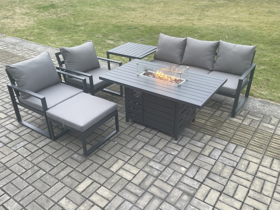 Click to view product details and reviews for Fimous Aluminium Outdoor Garden Furniture Set Gas Fire Pit Dining Table Set Gas Heater Burner With 2 Arm Chair Side Table Big Footstool Dark Grey 6 Se.