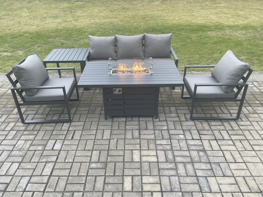 Click to view product details and reviews for Fimous Aluminium Outdoor Garden Furniture Set Gas Fire Pit Dining Table Set Gas Heater Burner With 2 Arm Chair Side Table Dark Grey 5 Seater.