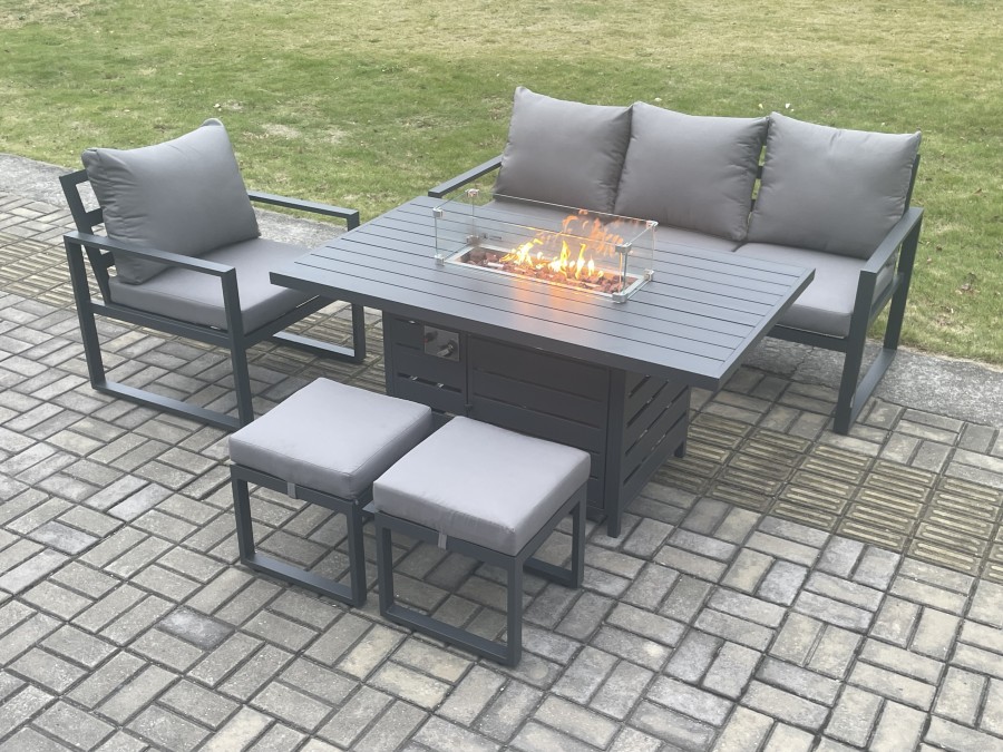 Click to view product details and reviews for Fimous Aluminium Outdoor Garden Furniture Set Gas Fire Pit Dining Table Set Gas Heater Burner With 2 Small Footstools Dark Grey 6 Seater.