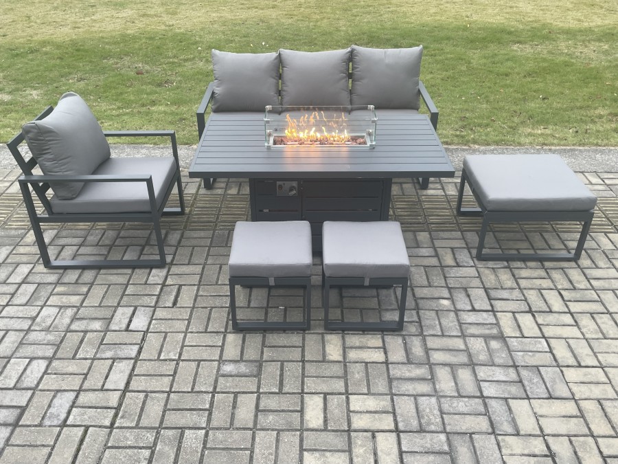 Click to view product details and reviews for Fimous Aluminium Outdoor Garden Furniture Set Gas Fire Pit Dining Table Set Gas Heater Burner With 3 Footstools Dark Grey 7 Seater.