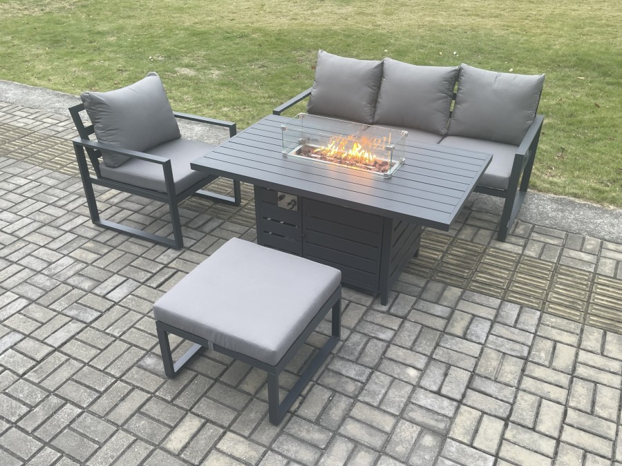 Click to view product details and reviews for Fimous Aluminium Outdoor Garden Furniture Set Gas Fire Pit Dining Table Set Gas Heater Burner With Big Footstool Dark Grey 5 Seater.