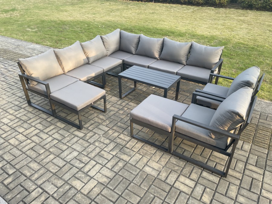 Click to view product details and reviews for Fimous Aluminium Outdoor Garden Furniture Set Lounge Corner Sofa 2 Pcs Chair Oblong Coffee Table Sets With 2 Big Footstools Dark Grey.
