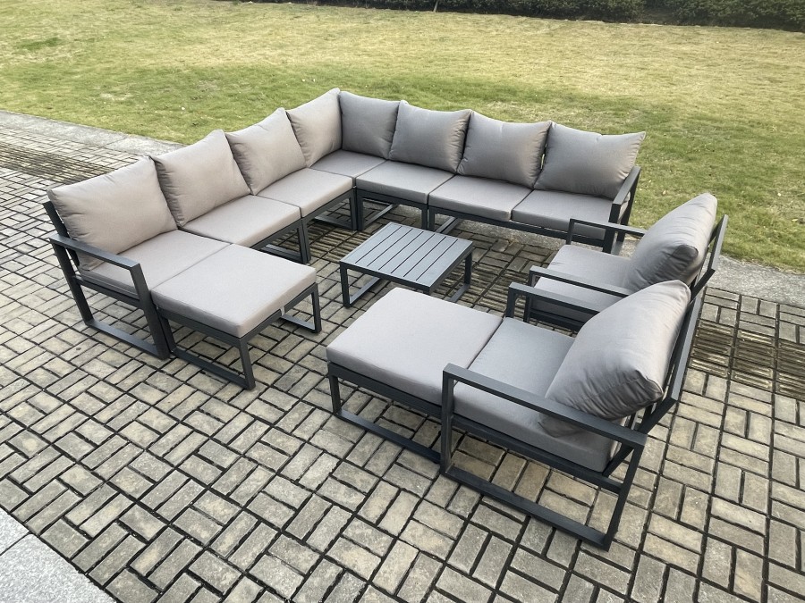 Click to view product details and reviews for Fimous Aluminium Outdoor Garden Furniture Set Lounge Corner Sofa 2 Pcs Chair Square Coffee Table Sets With 2 Big Footstools Dark Grey.