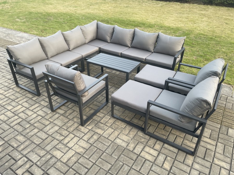 Click to view product details and reviews for Fimous Aluminium Outdoor Garden Furniture Set Lounge Corner Sofa 3 Pcs Chair Oblong Coffee Table Sets With 2 Big Footstools Dark Grey.