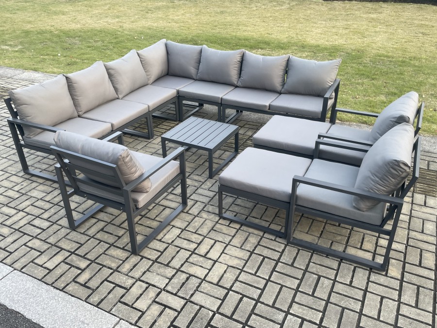 Click to view product details and reviews for Fimous Aluminium Outdoor Garden Furniture Set Lounge Corner Sofa 3 Pcs Chair Square Coffee Table Sets With 2 Big Footstools Dark Grey.