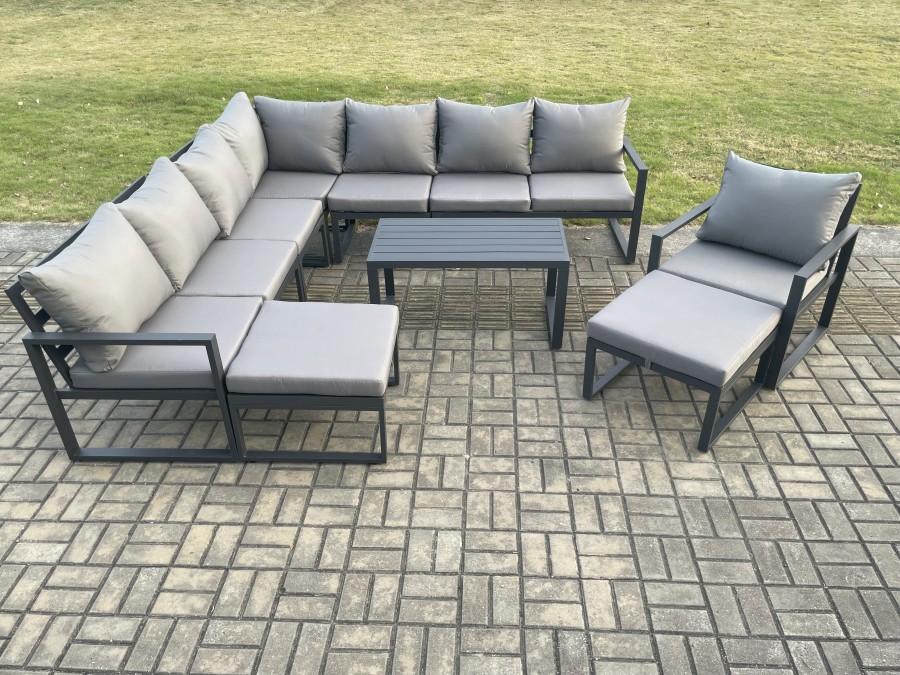 Click to view product details and reviews for Fimous Aluminium Outdoor Garden Furniture Set Lounge Corner Sofa Chair Oblong Coffee Table Sets With 2 Big Footstools Dark Grey.