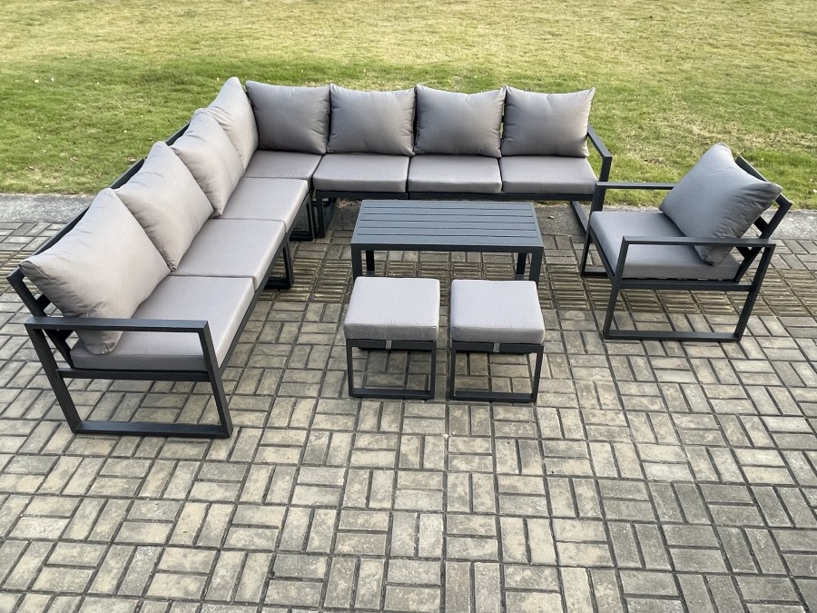 Click to view product details and reviews for Fimous Aluminium Outdoor Garden Furniture Set Lounge Corner Sofa Chair Oblong Coffee Table Sets With 2 Small Footstools Dark Grey.