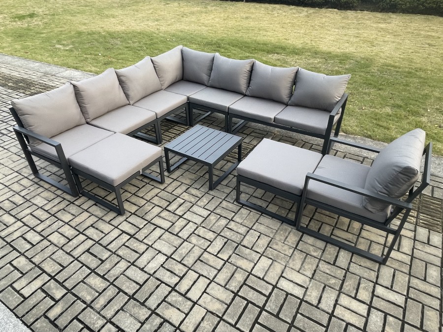 Click to view product details and reviews for Fimous Aluminium Outdoor Garden Furniture Set Lounge Corner Sofa Chair Square Coffee Table Sets With 2 Big Footstools Dark Grey.