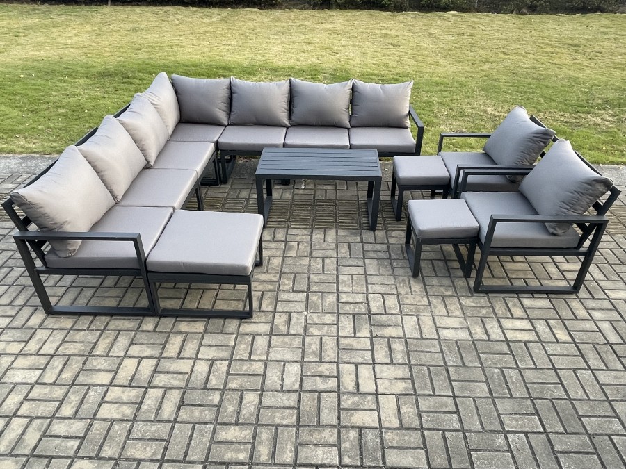 Click to view product details and reviews for Fimous Aluminium Outdoor Garden Furniture Set Lounge Corner Sofa Oblong Coffee Table 2 Pcs Chair Sets With 3 Footstools Dark Grey.