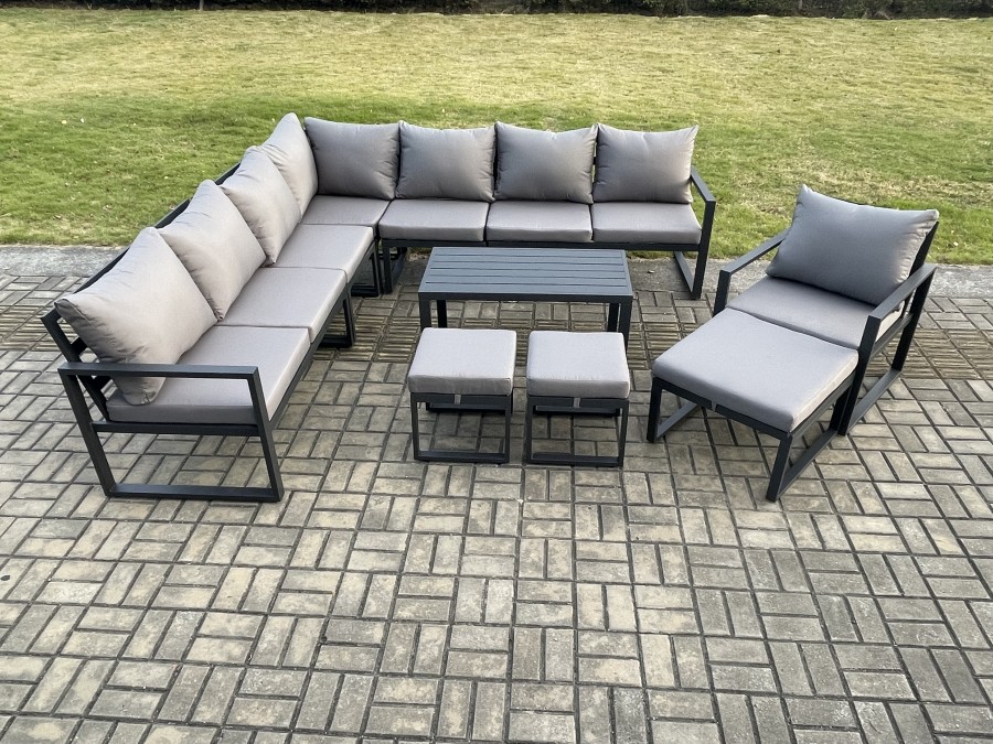 Click to view product details and reviews for Fimous Aluminium Outdoor Garden Furniture Set Lounge Corner Sofa Oblong Coffee Table Chair Sets With 3 Footstools Dark Grey.