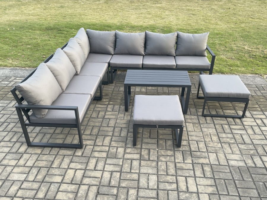 Click to view product details and reviews for Fimous Aluminium Outdoor Garden Furniture Set Lounge Corner Sofa Oblong Coffee Table Sets With 2 Big Footstools Dark Grey.