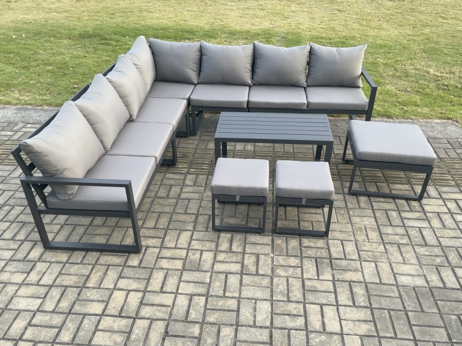 Click to view product details and reviews for Fimous Aluminium Outdoor Garden Furniture Set Lounge Corner Sofa Oblong Coffee Table Sets With 3 Footstools Dark Grey.