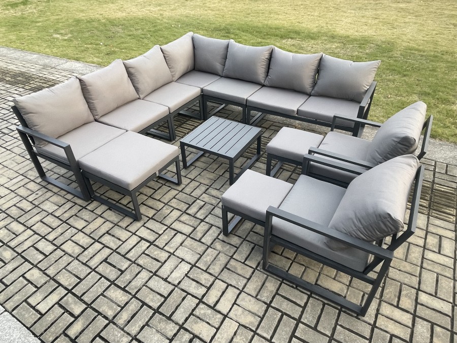 Click to view product details and reviews for Fimous Aluminium Outdoor Garden Furniture Set Lounge Corner Sofa Square Coffee Table 2 Pcs Chair Sets With 3 Footstools Dark Grey.