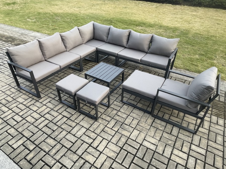 Click to view product details and reviews for Fimous Aluminium Outdoor Garden Furniture Set Lounge Corner Sofa Square Coffee Table Chair Sets With 3 Footstools Dark Grey.