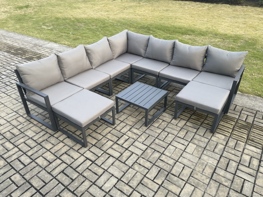 Click to view product details and reviews for Fimous Aluminium Outdoor Garden Furniture Set Lounge Corner Sofa Square Coffee Table Sets With 2 Big Footstools Dark Grey.