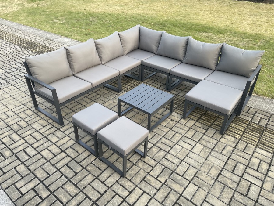 Click to view product details and reviews for Fimous Aluminium Outdoor Garden Furniture Set Lounge Corner Sofa Square Coffee Table Sets With 3 Footstools Dark Grey.