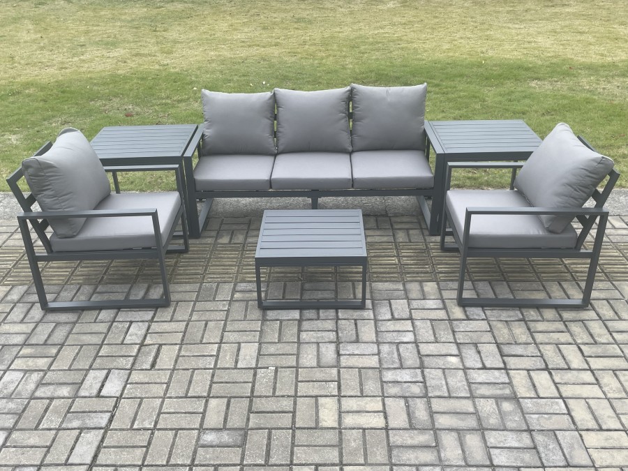 Click to view product details and reviews for Fimous Aluminium Outdoor Garden Furniture Set Lounge Sofa 2 Pc Chairs Square Coffee Table Sets With 2 Side Tables Dark Grey.